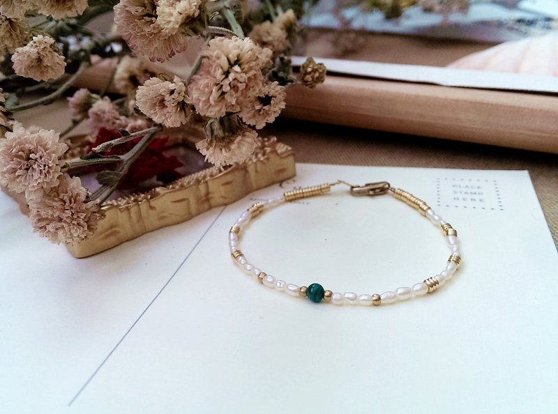 孔雀石、天然淡水珍珠　✄  黄铜 手链 手环 - 手链/手环 - 其他材质 绿色