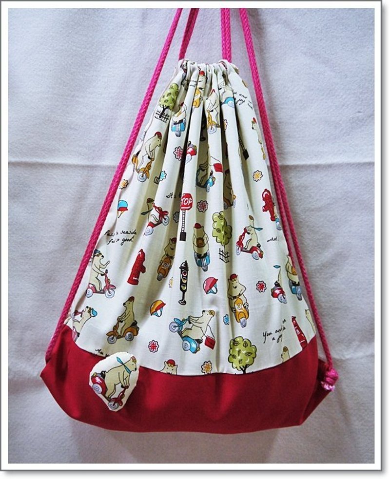 束口袋后背包+阿熊骑车去溜搭+ - 束口袋双肩包 - 其他材质 红色