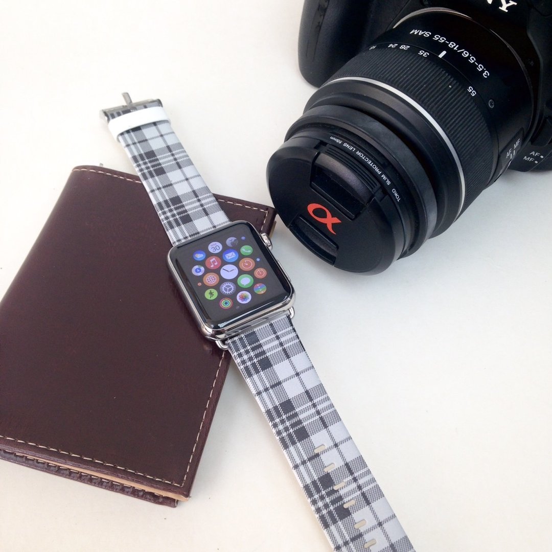 Apple / Samsung Watch 格子黑色图案表带适合任何型号 - 61 - 表带 - 真皮 黑色