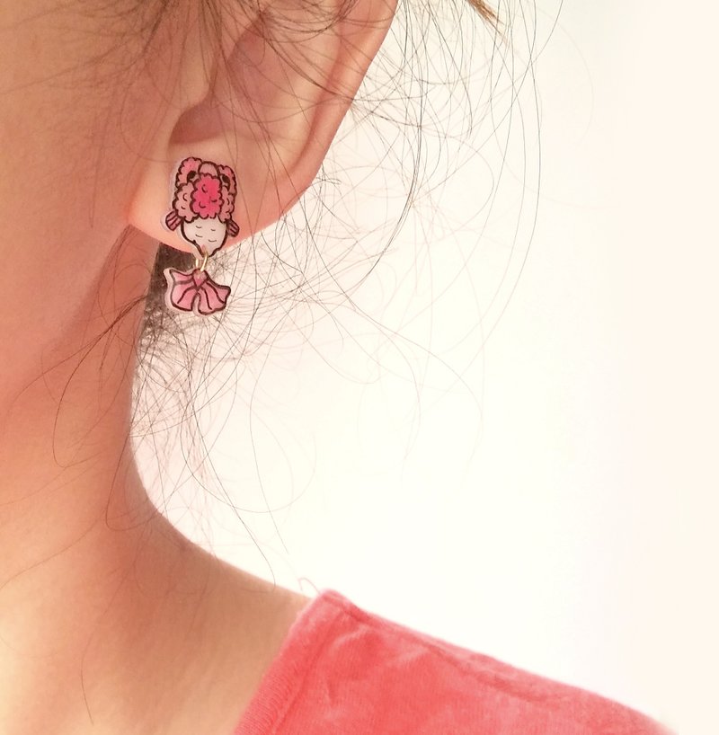 鱼好友系列耳环/耳夹- 橙红色小冠金鱼- 防过敏耳环- 手绘-E016 - 耳环/耳夹 - 压克力 红色