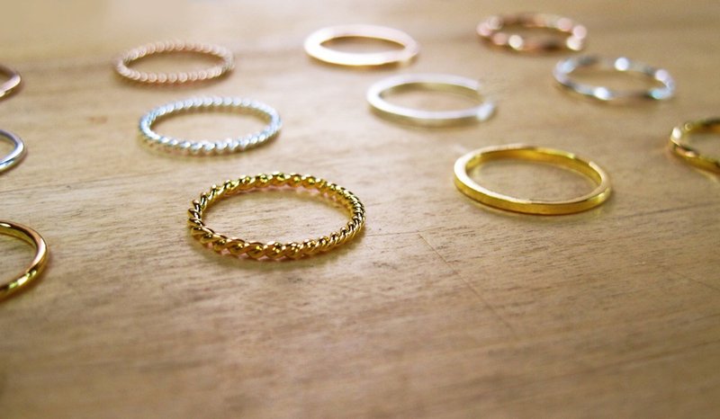 纯银戒指-金(套组共4只) 线戒 麻花.方扭.圆线.方线 戒指-ART64 - 戒指 - 银 金色