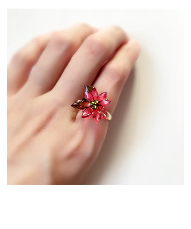 ‘圣诞限定’ 手绘圣诞红圣诞花闪石戒指 - 戒指 - 塑料 红色