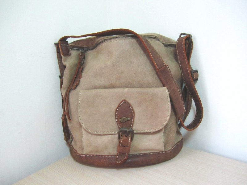 〆加拿大制ROOTS真皮驼色肩背后背包 - 后背包/双肩包 - 真皮 卡其色