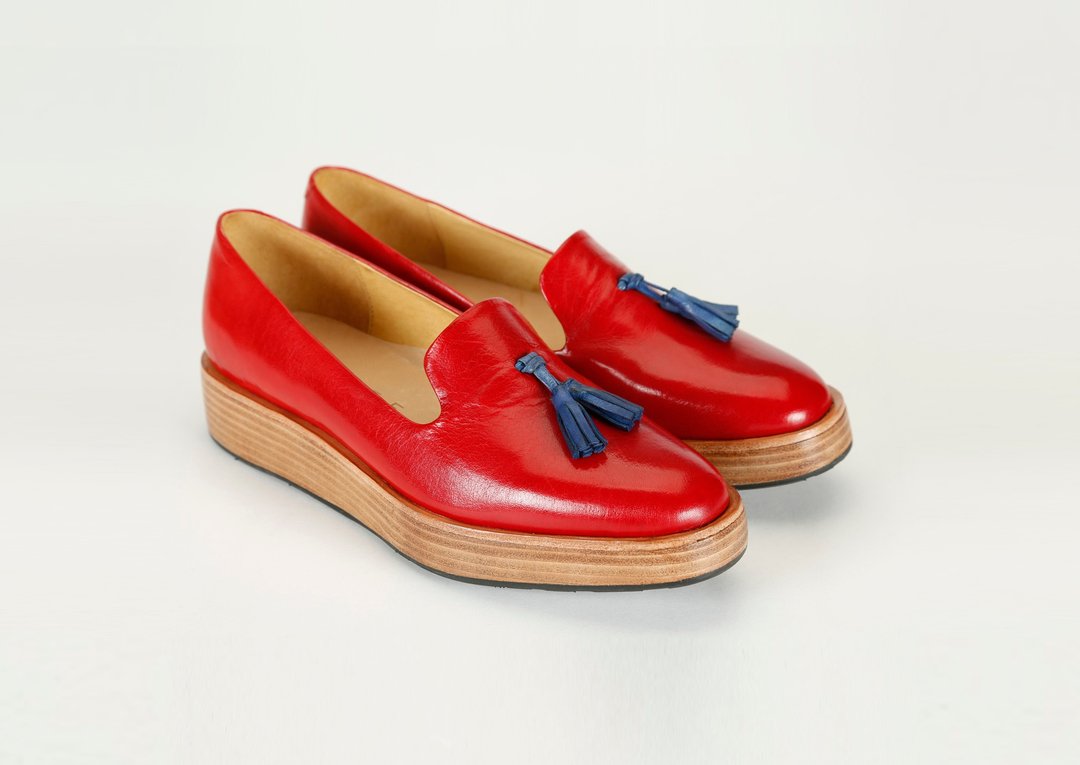 H THREE 流苏乐福鞋/ 辣椒红/ 厚底/ Loafer - 女款牛津鞋/乐福鞋 - 真皮 红色