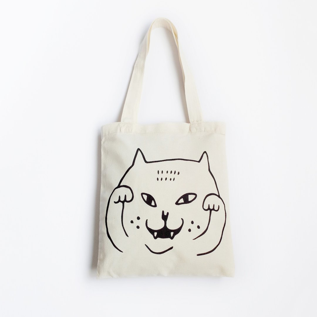 大猫手提袋 / 环保袋 / 招手猫 / 米黄+黑 / 厚款 / 出清特卖中 - 手提包/手提袋 - 棉 黑色