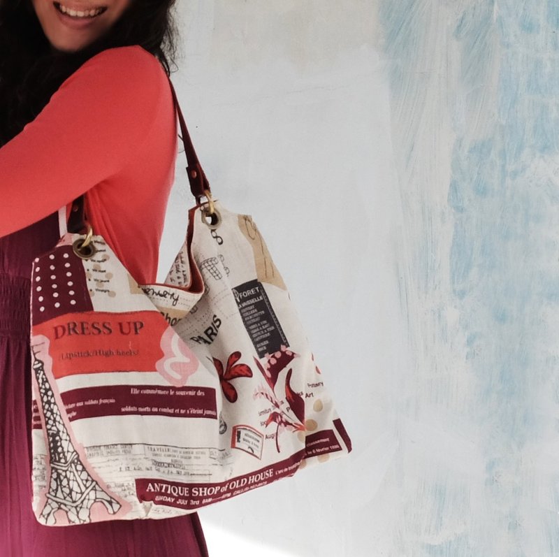 巴黎小情歌　梯形抓褶空气感包包　翻面换颜色　牛皮提把　红紫白+砖橘 - 侧背包/斜挎包 - 其他材质 紫色