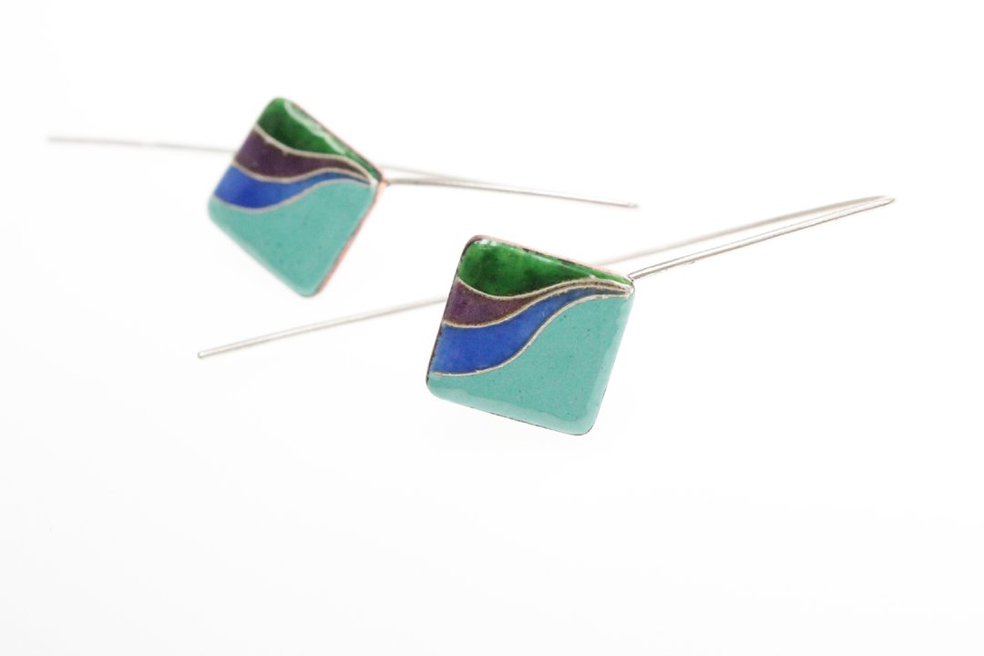Curves Earrings 曲线方块珐琅耳环(蓝绿) - 耳环/耳夹 - 其他金属 