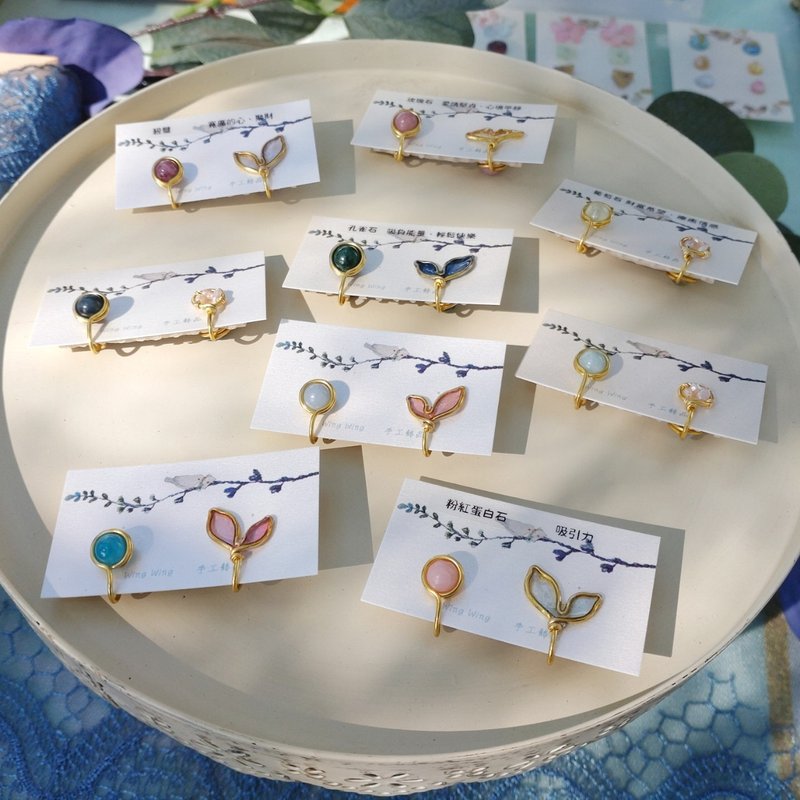 天然石包边X水晶花-双面可戴无痛夹式耳环(一对价-颜色可混搭任选 - 耳环/耳夹 - 宝石 