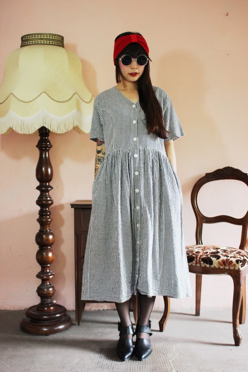 F1156(Vintage)黑色格纹排扣双口袋短袖古着洋装 - 洋装/连衣裙 - 其他材质 黑色