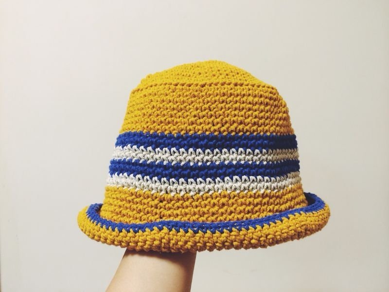 【你 好 嬉 皮 Hello Hippie】手作黄蓝条纹渔夫帽 - 帽子 - 棉．麻 黄色