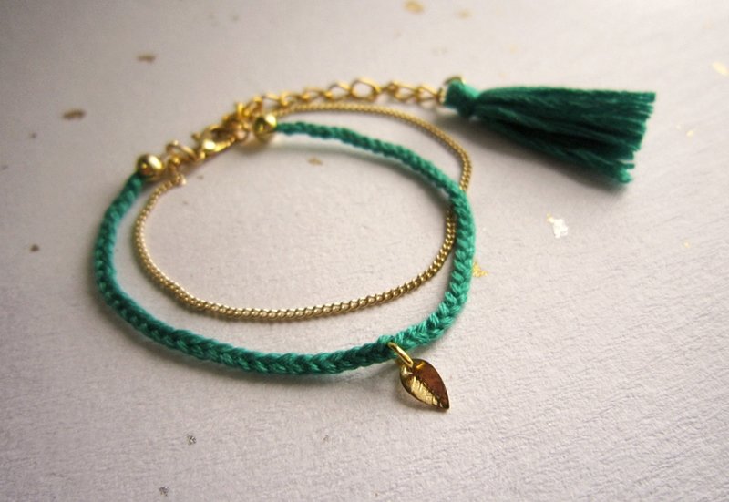神秘叶子 幸运绳 两层编织小流苏手链  (可选色) - 手链/手环 - 其他金属 绿色