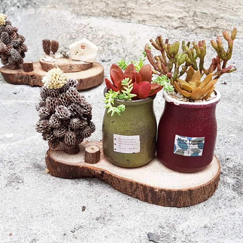 缤纷下雪夜多肉好礼组 - 驯鹿+下雪球果树 ( 限定款 ) - 植栽/盆栽 - 木头 多色