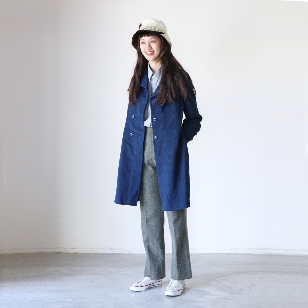 A ROOM MODEL - VINTAGE，CJ-2282 深蓝色双排扣毛长外套 复古着下北泽 - 女装休闲/机能外套 - 羊毛 蓝色