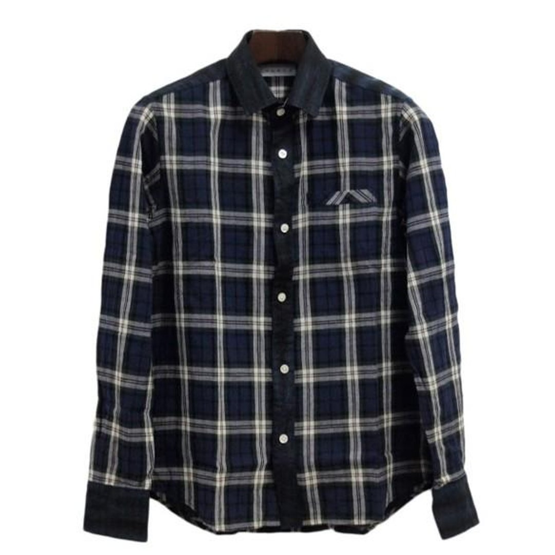 <Mサイズ>Traditional Craft Arimatsu Tornado Squeezed Fabric Switching Tie-dye Pocket Cotton Linen Check Shirt Navy Men's by Tsumugi Lab - 女装衬衫 - 其他材质 