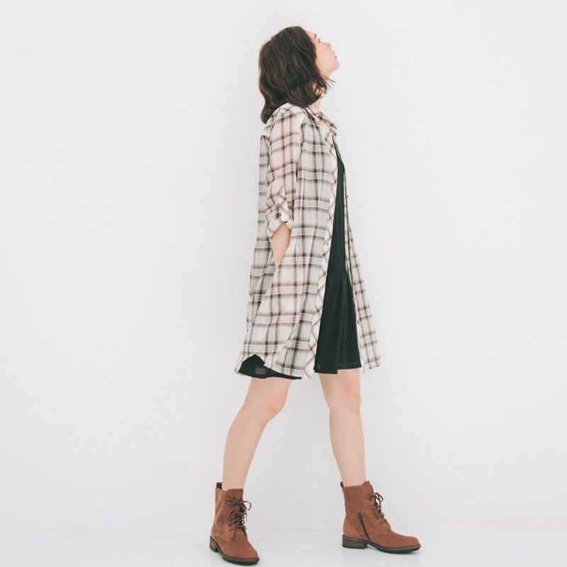 许许儿♪摩卡格纹棉麻长版衬衫 - 女装衬衫 - 其他材质 卡其色