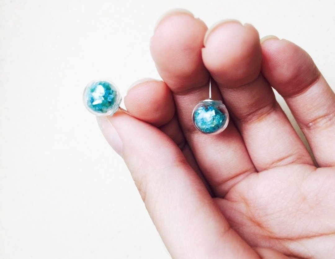 玻璃球贝壳砂耳环 - 绿松 流光 - Turquoise - 耳环/耳夹 - 玻璃 蓝色
