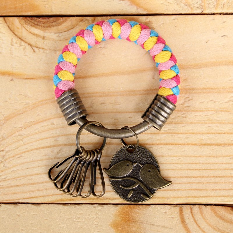 四色纯手工编织腊绳铁环钥匙圈(小)/客制化 - 吊饰 - 其他金属 多色