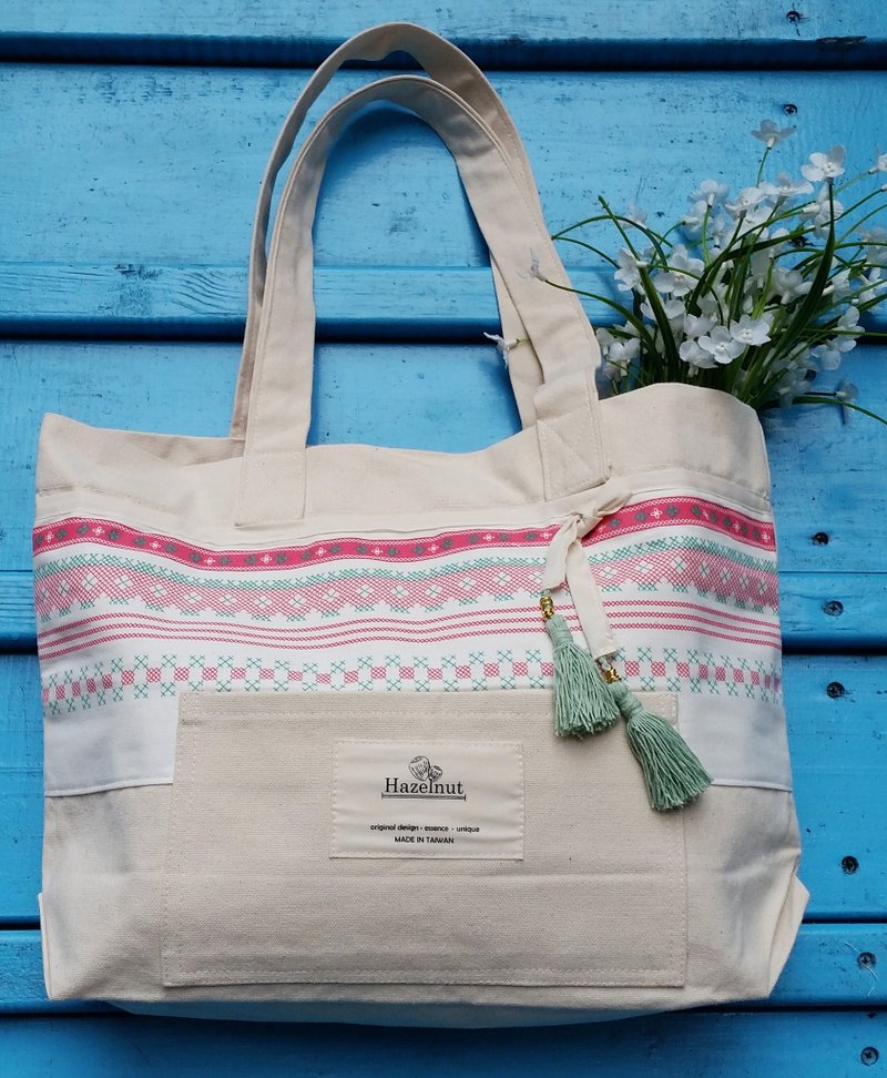 北欧特别桃红色图案小流苏包包手提包肩背包全棉侧背肩背包 - 侧背包/斜挎包 - 其他材质 白色