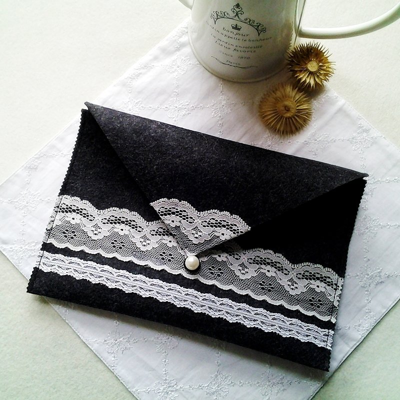 MFP手工黑蕾丝毛毡布料黑灰色平板电脑包 平板电脑套 - 平板/电脑保护壳 - 其他材质 黑色