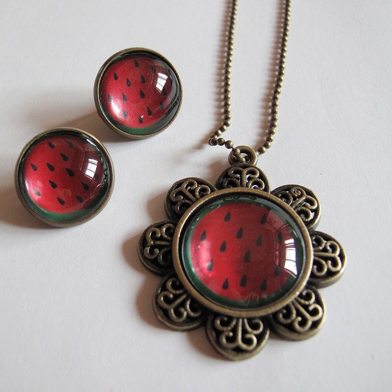 西瓜耳夹耳针项链组 - 项链 - 其他金属 红色