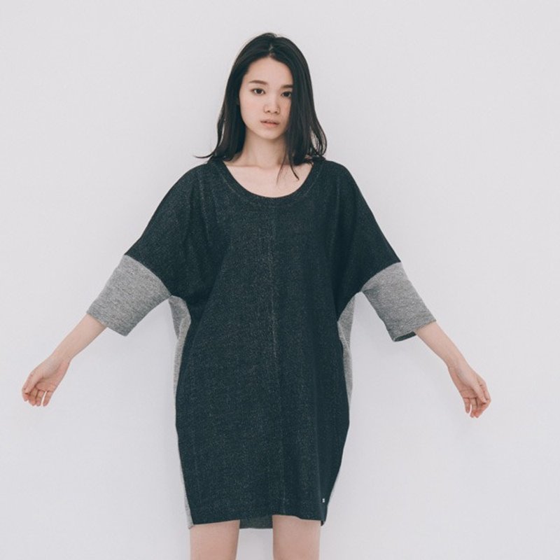 许许儿♪2WAY双面穿拼接撞色洋装-黑灰 - 洋装/连衣裙 - 其他材质 灰色