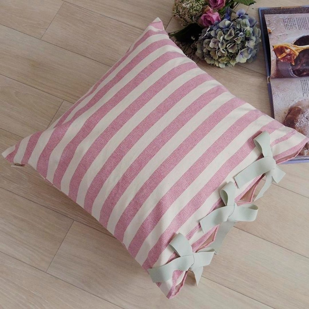 [Cover only] canvas stripes Cushion cover ribbon SQ - 枕头/抱枕 - 棉 粉红色