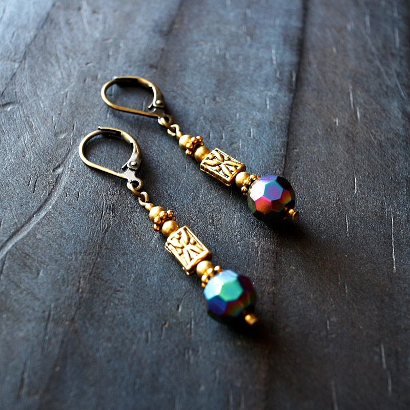 EF复古宫廷系列NO.9紫色多彩琉璃雕花黄铜限量耳环 - 耳环/耳夹 - 其他材质 紫色