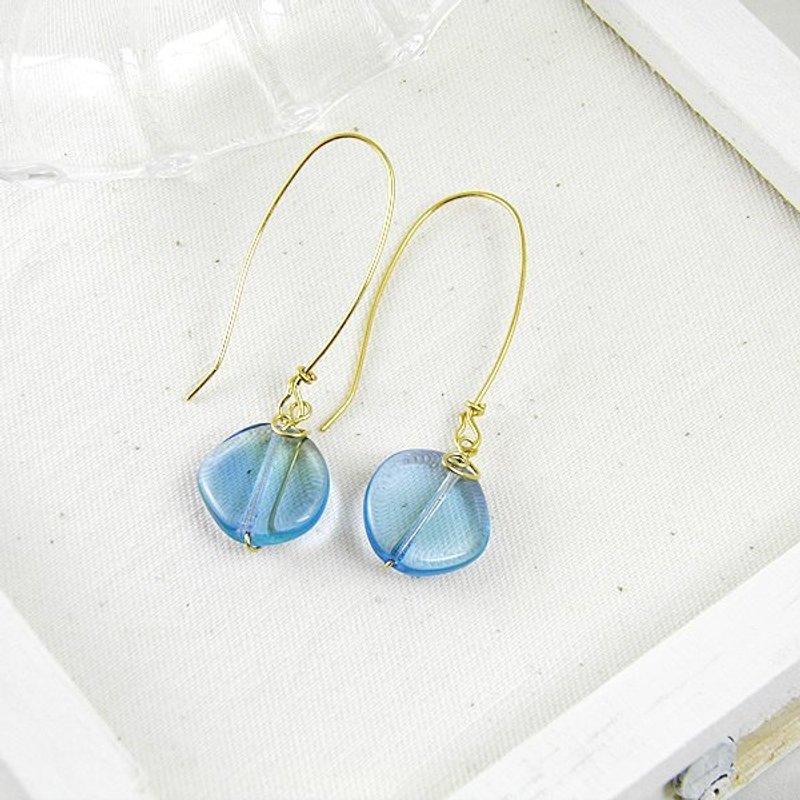 momolico-桃子莉可手作-水波圆片耳勾 - 耳环/耳夹 - 玻璃 蓝色