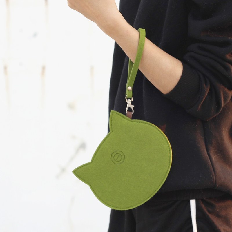 羊毛猫咪随身包Portable package/附手腕带-Matcha cat抹茶猫 - 化妆包/杂物包 - 羊毛 绿色