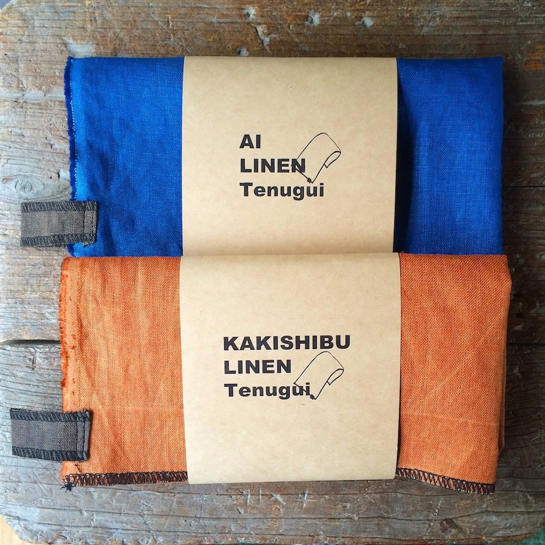 Dye persimmon and indigo dye indigo linen Tenugui - 毛巾浴巾 - 棉 咖啡色