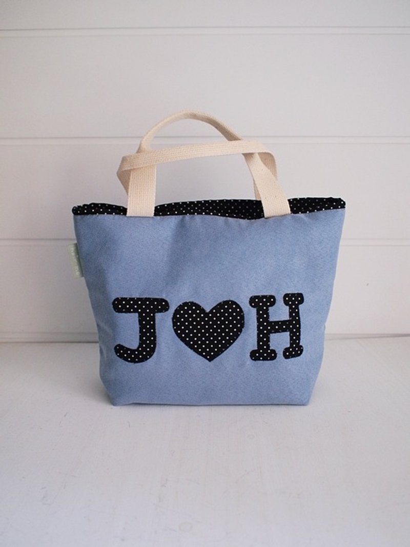 hairmo。专属字母外出手提袋拉链款-麂皮蓝+黑点(3字) - 手提包/手提袋 - 棉．麻 蓝色