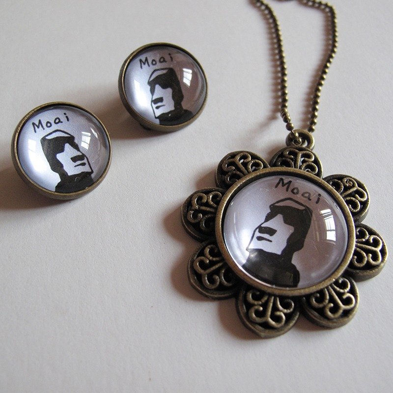 复活岛 MOAI耳夹耳针项链组 - 项链 - 其他金属 白色