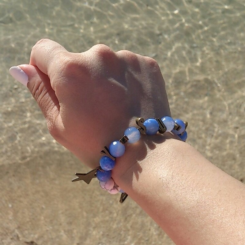 天蓝色龙纹切角天然石复古字母手链 - 手链/手环 - 半宝石 蓝色