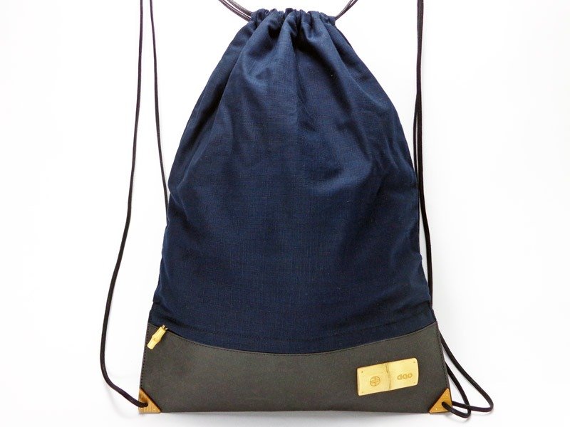 束口袋/束口包/后背袋 - 藏青【竹】【棉麻布】 - 束口袋双肩包 - 棉．麻 蓝色