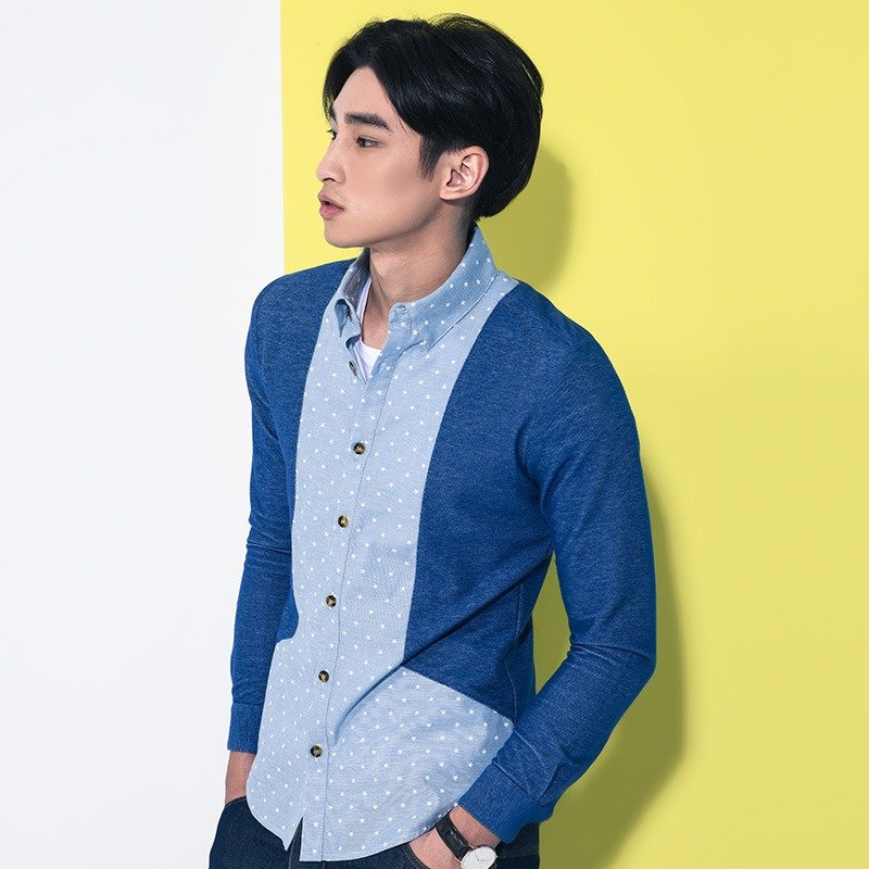 弹性丹宁剪接星星印花牛津衬衫 - 男装衬衫 - 其他材质 蓝色