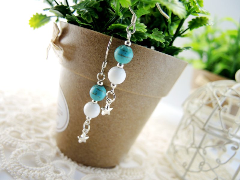 《Reaching for the Stars 摘星》土耳其蓝宝佐砗磲925纯银耳勾式耳环 - 手链/手环 - 宝石 多色