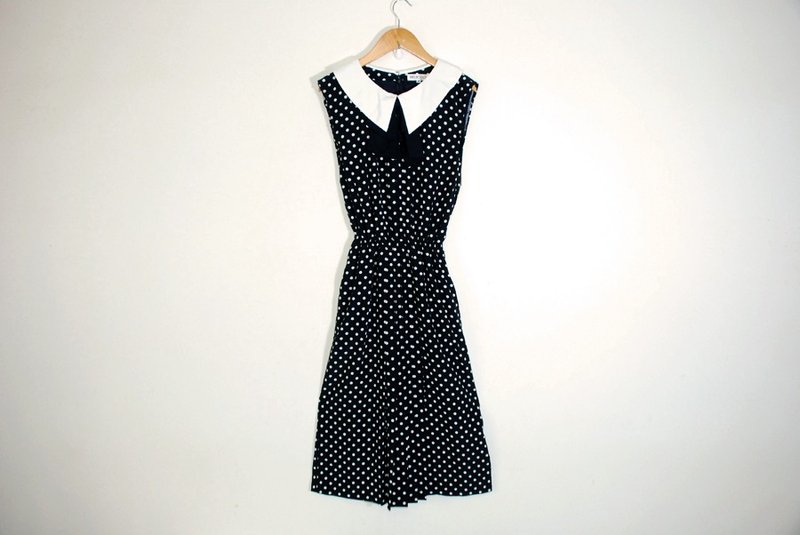 {:::Giraffe 长颈鹿人:::}_日本制黑底白水玉领口蝴蝶结古着洋装 - 洋装/连衣裙 - 其他材质 黑色