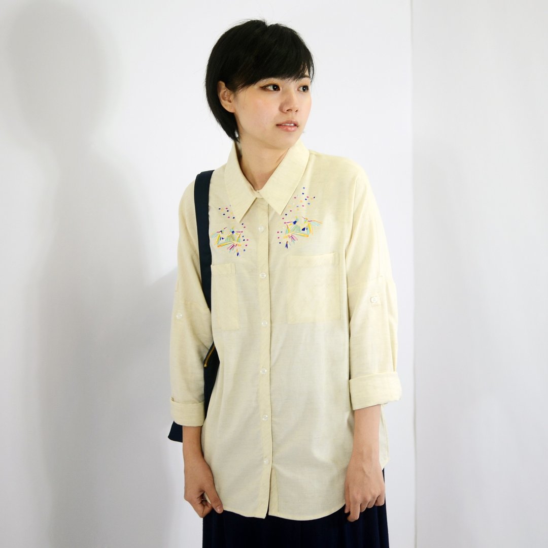humming-蜂鸟泡泡 Embroidered Shirts〈绣花和服袖衬衫〉 - 女装衬衫 - 棉 白色