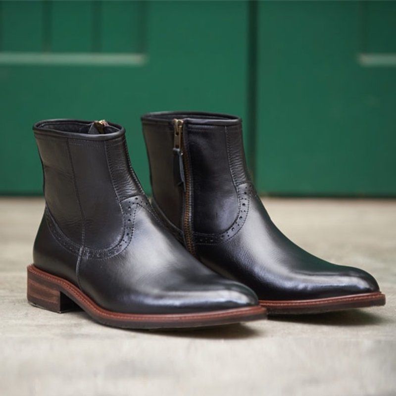 林果良品 复古拉链雕花胶底靴 经典黑 - 男款靴子 - 真皮 黑色