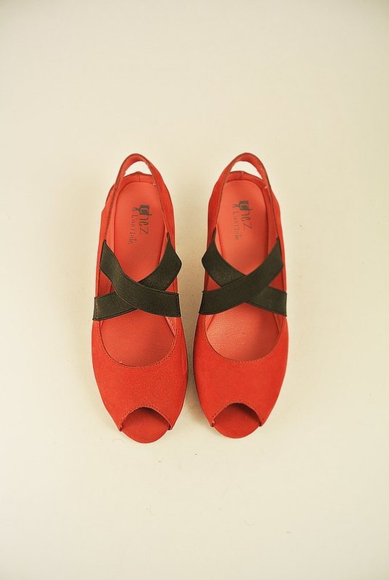 梧桐遮住了．舞蹈的鞋．交叉鱼口低跟 (红) - 女款休闲鞋 - 真皮 