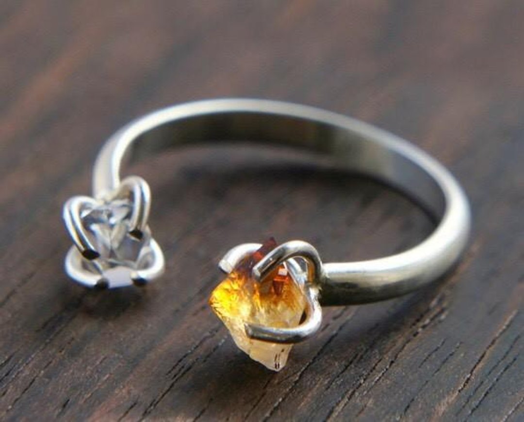 Herkimer diamonds and citrine gemstone open ring - 戒指 - 其他金属 