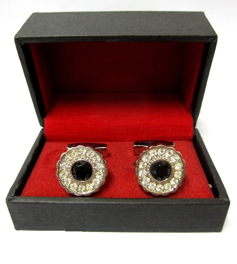 Flower black enamel crystal Cufflinks-Silver plated(Free Shipping) 花形黑色珐琅袖口扣(包邮) - 袖扣 - 宝石 黑色