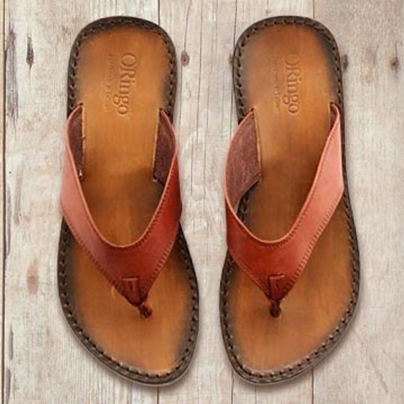 O’Ringo林果良品│手工刷旧人字凉拖│红棕色 - 男款休闲鞋 - 真皮 咖啡色