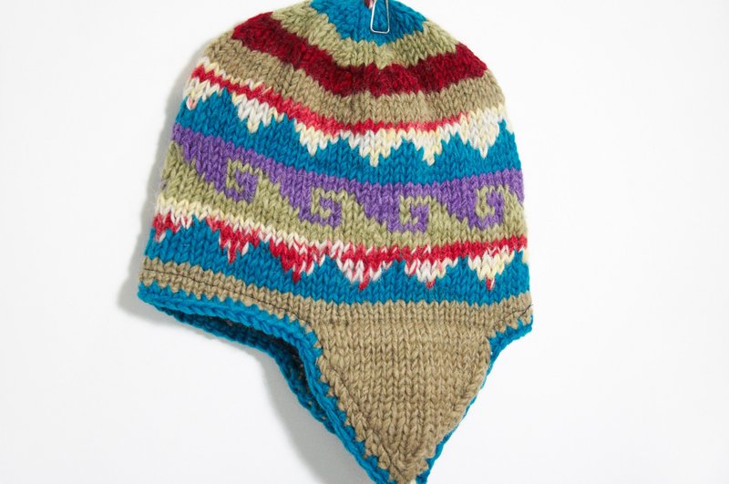 情人节礼物 手工针织纯羊毛帽 / 手工内刷毛毛帽 / 针织毛帽 / 飞行毛帽 / 毛线帽 - 波西米亚海浪图腾 ( 手工限量一件 ) - 帽子 - 其他材质 多色