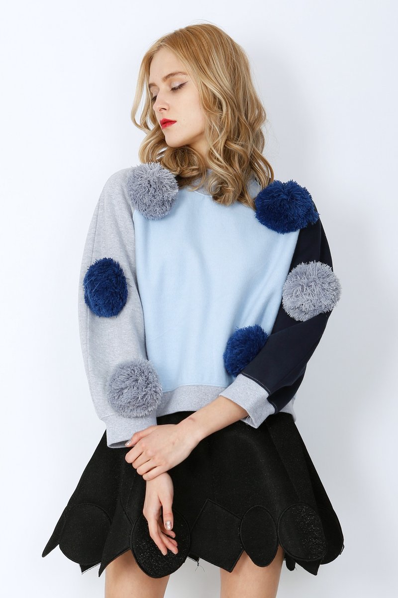 ZIZTAR 立体毛毛球圆领上衣 KW15-059 - 女装上衣 - 棉．麻 蓝色