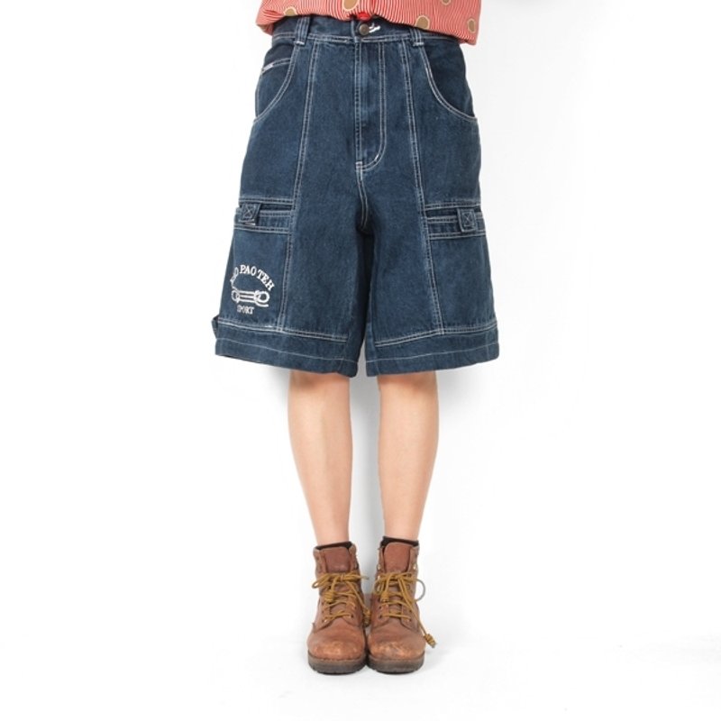 │moderato│复古高腰剪裁牛仔五分裤/森林复古.女朋友.英伦复古 - 女装长裤 - 其他材质 蓝色