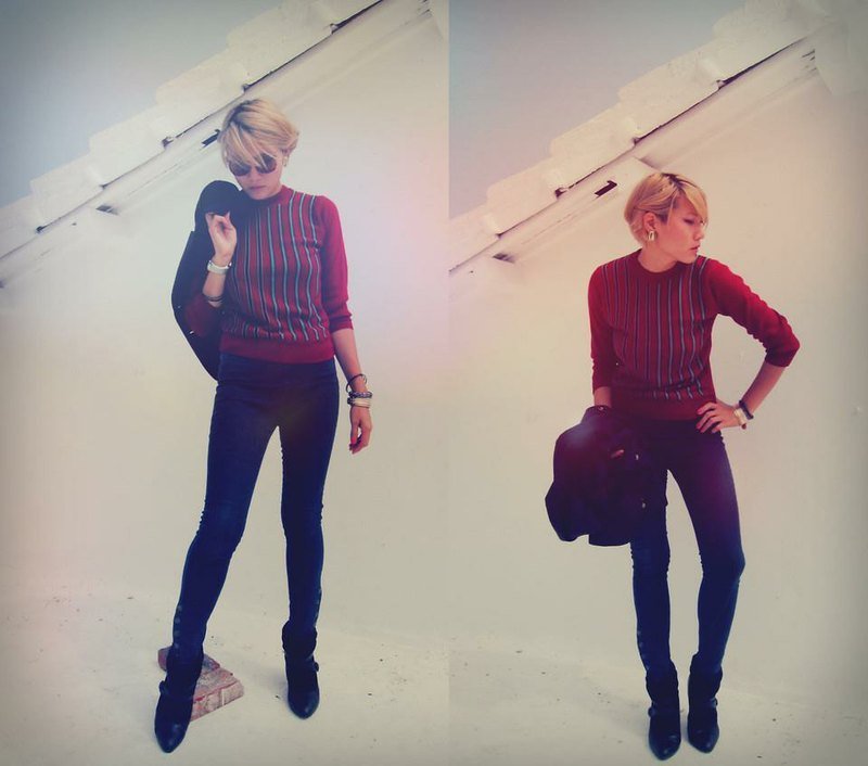 Fyntage 古着 vintage 酒红X湖水蓝 撞色 极简 条纹毛衣上衣 [已被预订] - 其他 - 其他材质 