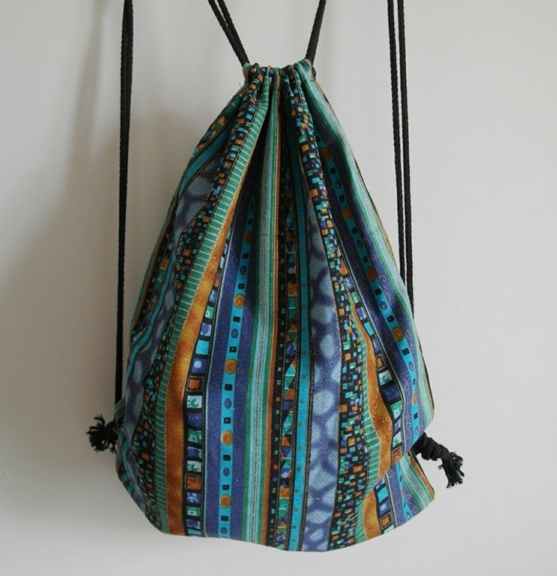 ~米+熊~ 复古 束口袋背包 (民俗 蓝绿直条 样) - 侧背包/斜挎包 - 棉．麻 绿色