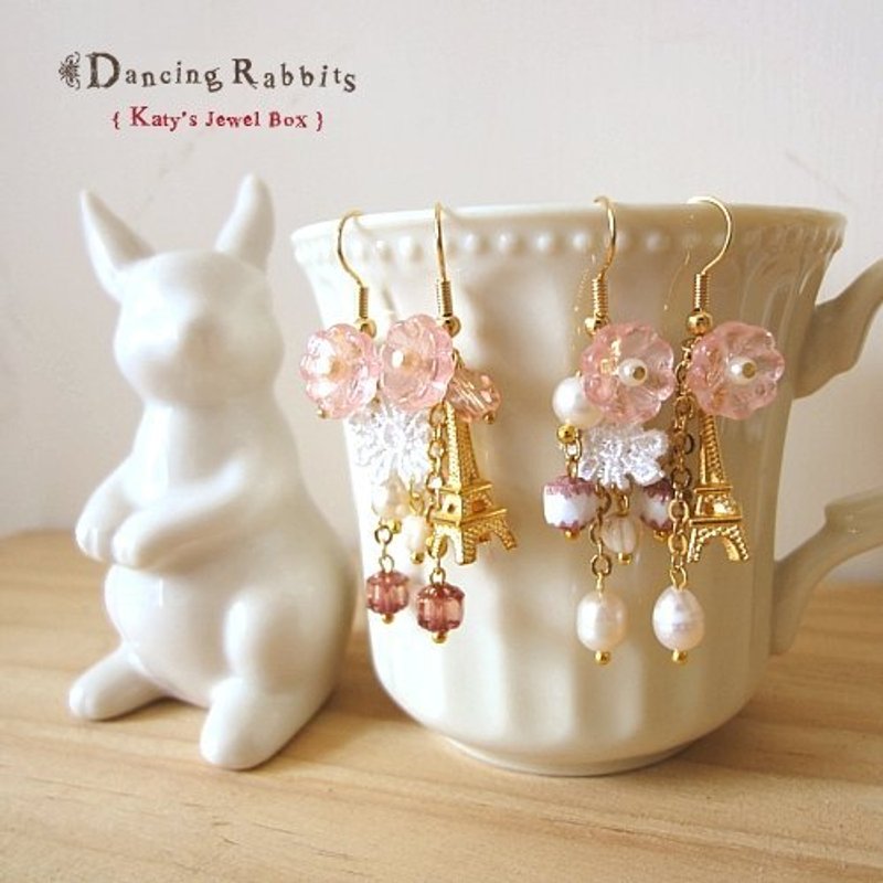 {KPC0040}樱花恋-铁塔珍珠耳环 - 耳环/耳夹 - 宝石 粉红色