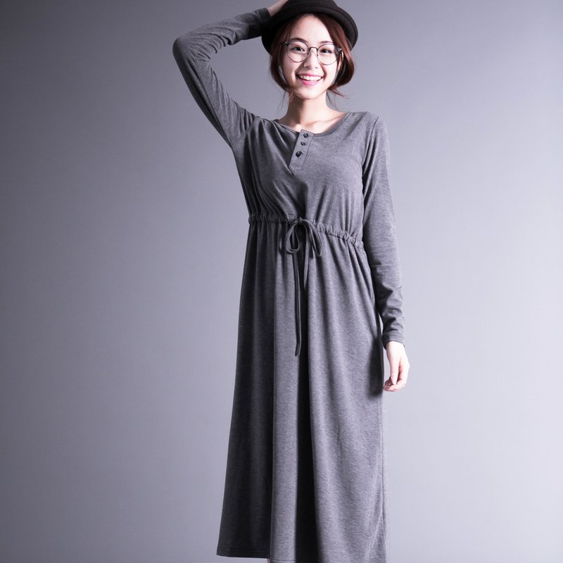 SUM Henley'S 亨利领束腰洋装_4AF401_灰 - 洋装/连衣裙 - 棉．麻 灰色